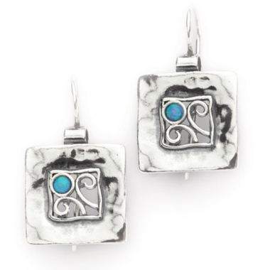 Silver Square Detailed Earrings with Opal